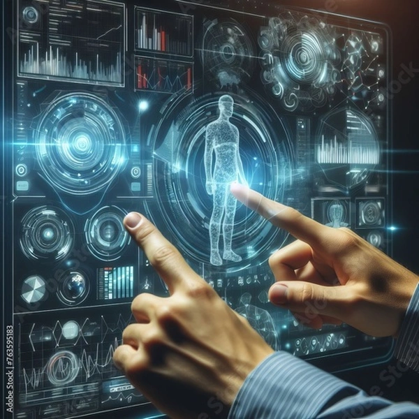 Fototapeta A pair of hands interact with an advanced medical technology interface, suggesting a futuristic approach to healthcare diagnostics. The transparent display shows detailed human anatomy and health data