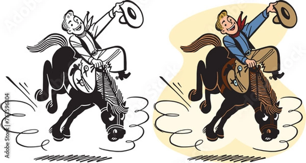 Obraz A vintage retro cartoon of a cowboy riding a bucking bronco. 