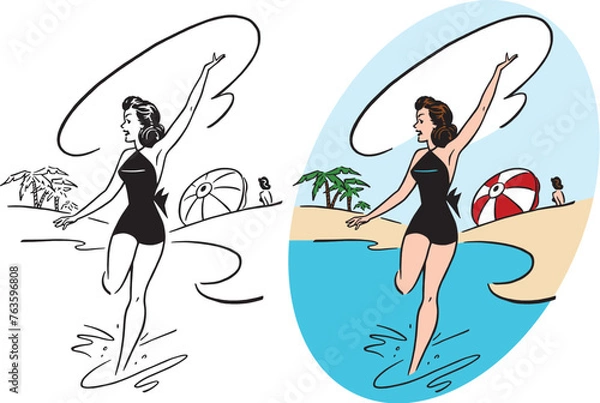 Obraz A vintage retro cartoon of a woman in a swimsuit running into the water at the beach.