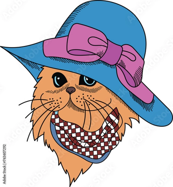 Obraz A Cute Cat Wearing Hat And Scarf Vector illustration. Cat Wearing A Blue Hat With a Pink Ribbon and a Checkered Neckerchief. 