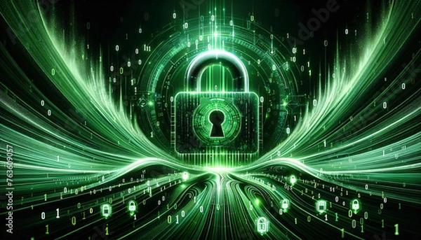 Fototapeta Vibrant green cybersecurity visualization showcasing digital locks and binary streams symbolizing data security.