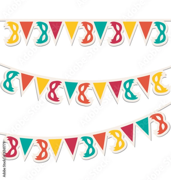 Fototapeta Multicolored buntings with carnival masks isolated on white back