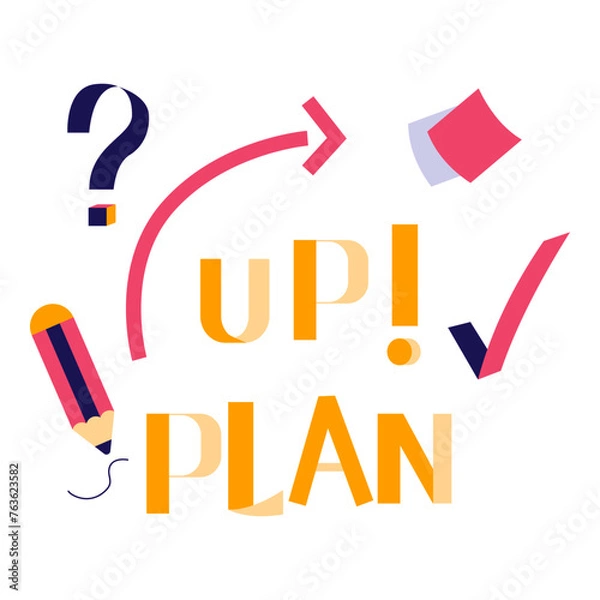 Fototapeta Startup plan concept lettering with question mark and pencil. Vector illustration in flat style with startup theme. Editable vector illustration.