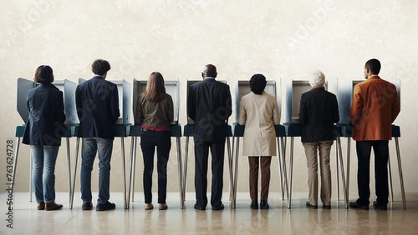 Fototapeta A diverse group of people standing at voting booths with space for copy