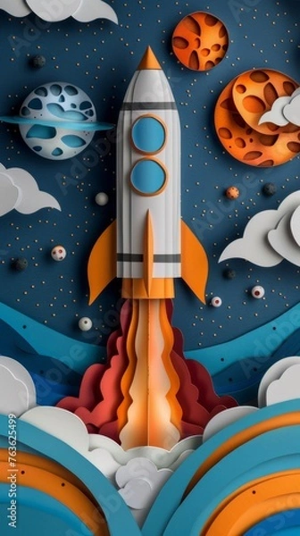 Obraz Minimalist paper cut space rocket, vibrant launch scene