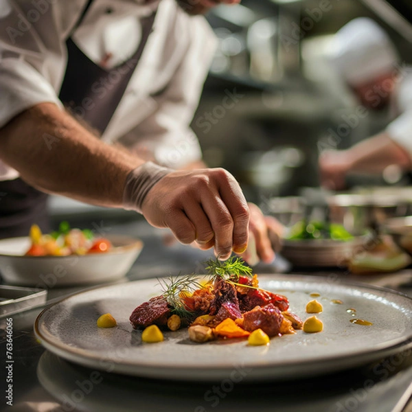 Fototapeta executive chef preparing high end fancy food gastronomy