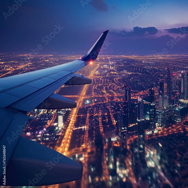 Obraz sunset plane flight over the city