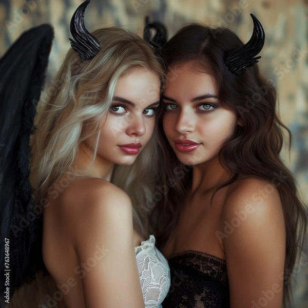 Fototapeta devil cosplay sisters looking at the camera