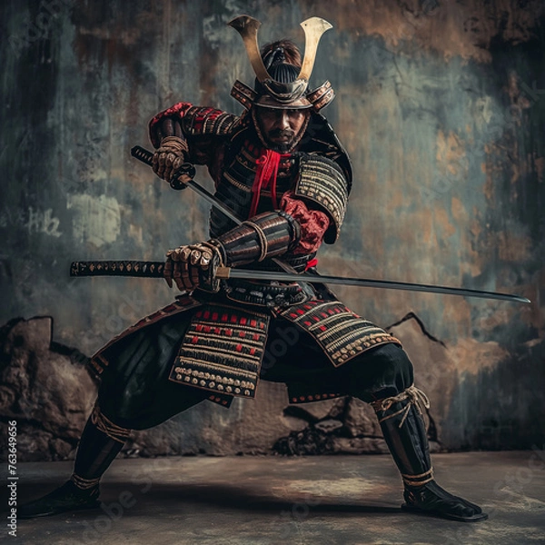 Fototapeta japanese samurai training and posing with his sword