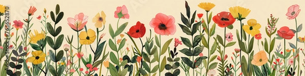 Fototapeta A painting depicting a field filled with colorful flowers in bloom under a bright sky. Banner.