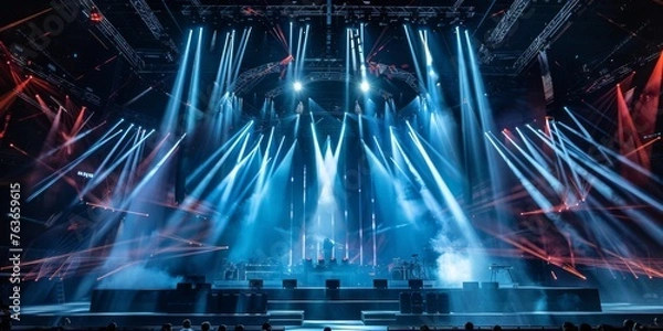 Fototapeta Dynamic light show at a concert stage - A spectacular light show on a concert stage with rays piercing through the smoke, producing a vivid visual experience