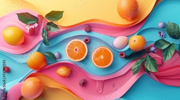 Fototapeta Vibrant abstract composition featuring citrus fruits and dynamic colorful waves, evoking a fresh and creative mood.