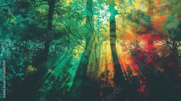 Fototapeta A green forest, the sun shines through the leaves, forming a colorful shadow, Forest Illsutration