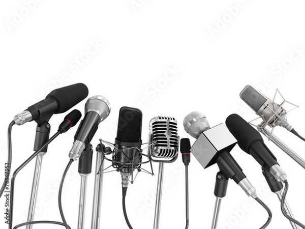 Fototapeta Various microphones aligned at press conference isolated over a
