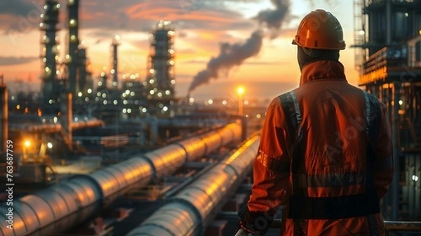 Fototapeta Industrial zone's watchful engineer, back against a pipeline vista