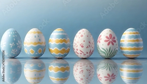 Obraz Four decorated Easter eggs with various patterns such as stripes, dots, and flowers, standing on a reflective surface against a sandy beach background