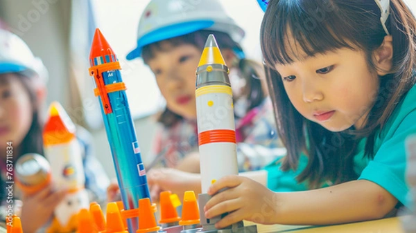 Fototapeta Asian young child engineers building rockets in the STEM classroom
