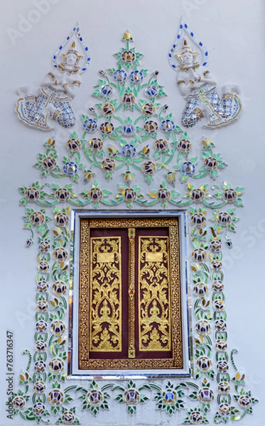 Obraz Thai Style  Temple window, Thai Temple window, golden painting window decorated with glass and ceramic