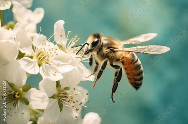 Obraz close-up shot of an ancient honey bee flying towards white flowers.