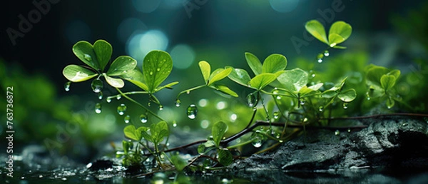 Fototapeta close-up green plant with dew drops with natural forest bokeh blurred view