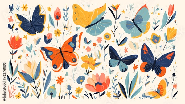 Fototapeta A delightful assortment of colorful cartoon butterflies with playful patterns, perfect for cheerful illustration designs on white background