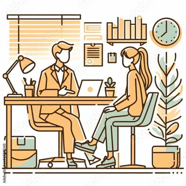 Fototapeta a girl meeting with her office, minimal design, outline with solid fill color, background white vector illustration line art 1
