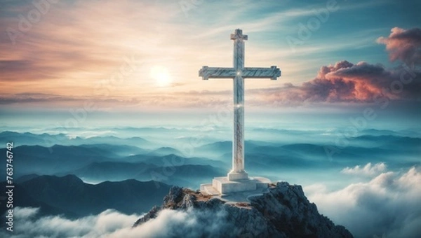 Fototapeta Holy cross symbolizing the death and resurrection of jesus christ with dramatic sky view