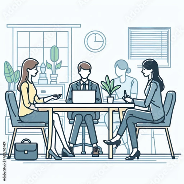 Fototapeta a girl meeting with her office, minimal design, outline with solid fill color, background white vector illustration line art 2