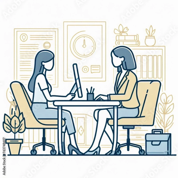 Fototapeta a girl meeting with her office, minimal design, outline with solid fill color, background white vector illustration line art 3
