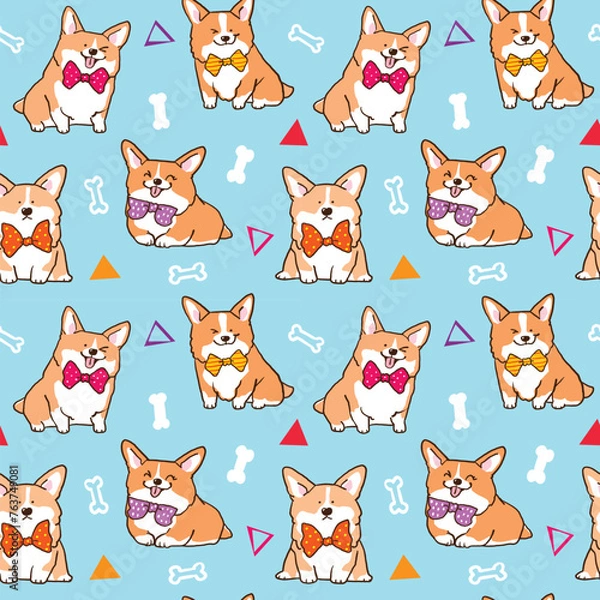 Fototapeta Seamless Pattern with Cute Cartoon Corgi Dog Design on Blue Background