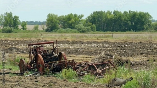 Fototapeta A desolate farmland littered with debris and overturned farming equipment a stark contrast to its former verdant state.