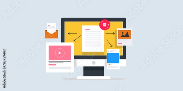 Fototapeta Content re-purpose strategy, change content in different format and reach more internet audience, blog, video, social media post email content distribution and marketing concept.