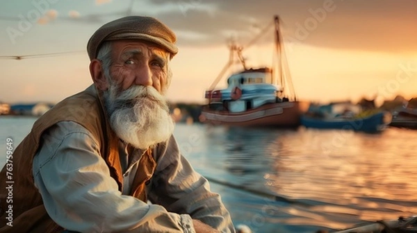 Fototapeta The portrait of an old fisherman on the shore at sunset conveys the melancholic state of his tired gaze and memories of a difficult past job.