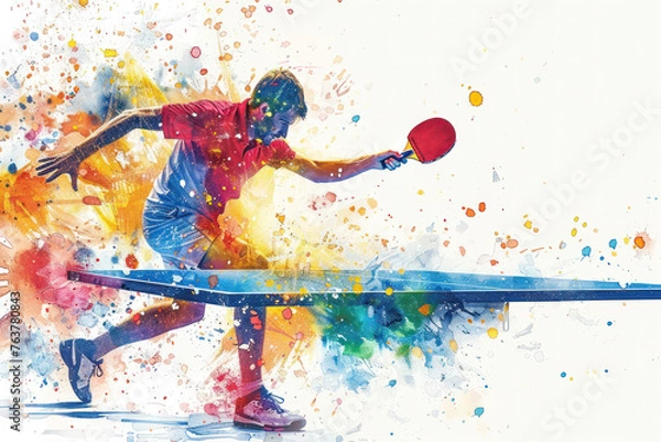 Fototapeta Colorful watercolor painting of table tennis players in action on match