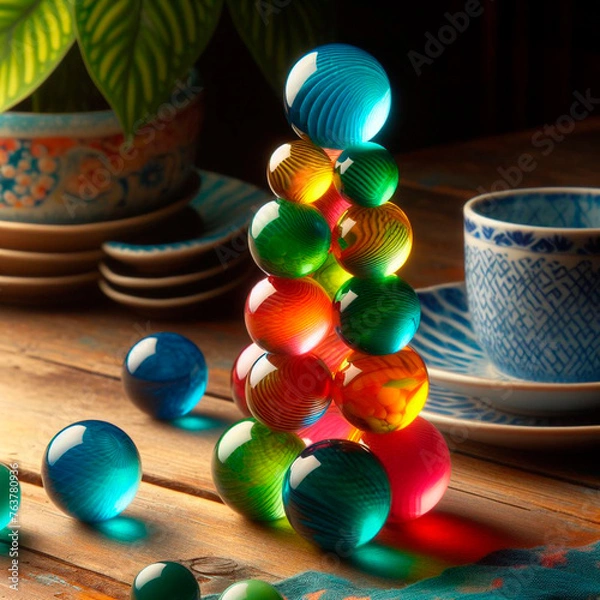 Fototapeta A stack of colorful glass, spheres sitting on top of each other