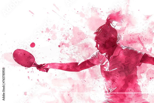 Fototapeta Pink watercolor painting of table tennis player in action on match