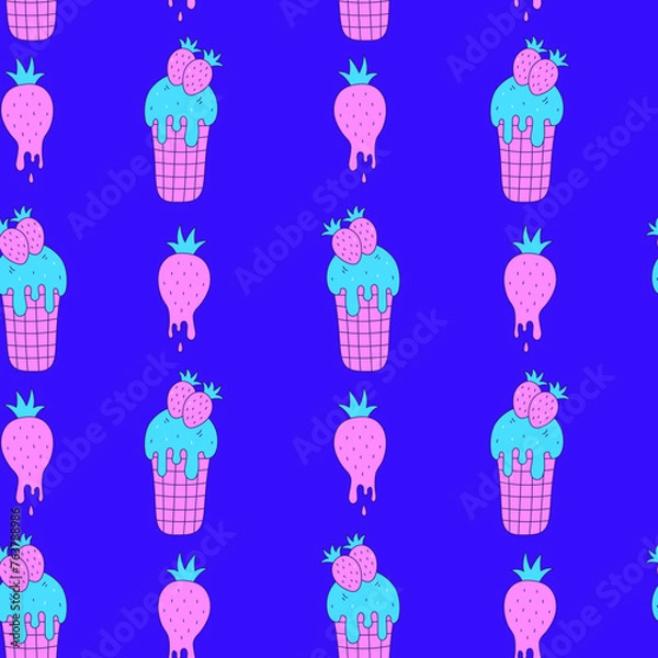 Obraz Strawberry ice cream seamless pattern colorful doodle. Funky melting sweet food background in 90s y2k style. Hand drawn outline dessert sprinkle drops repeat vector illustration. Vibrant color.