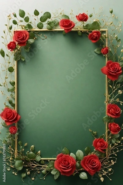 Obraz Wedding invitation card, Golden frame with red rose on green background. top view.