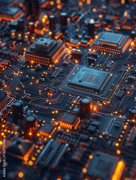 Fototapeta Explore the intricate world of semiconductor chips through a dynamic tilted angle view Show the intricate patterns and details that power modern technology