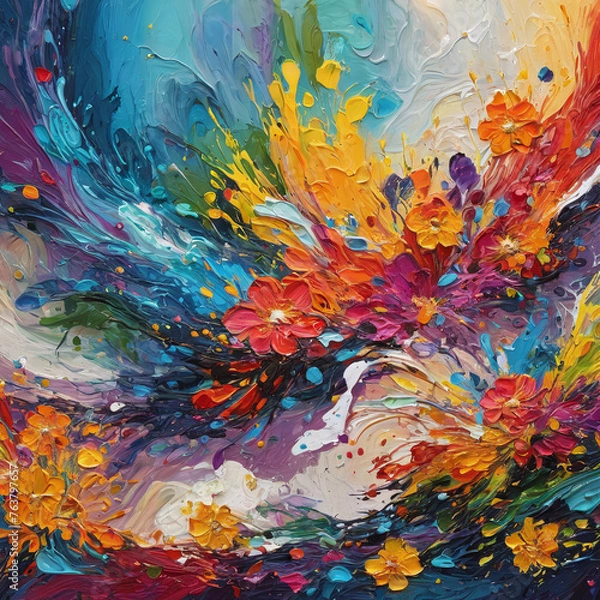 Obraz Artistic Paint Splatter and Delicate Petals, Evoking a Vibrant and Dynamic Floral Bloom