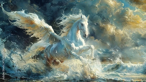 Fototapeta A white horse is running through the water with its wings spread out