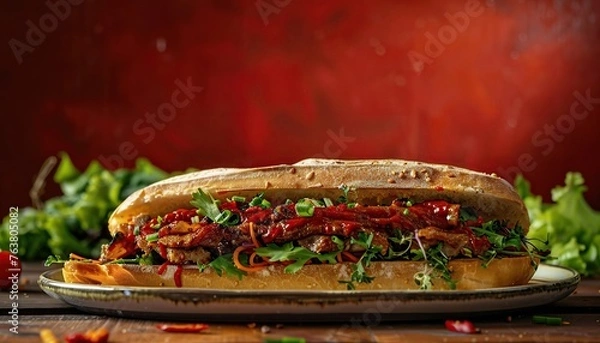 Fototapeta An advertising shoot, a juicy big royal sandwich, a sandwich appetizingly lying on a plate with all layers, a banner