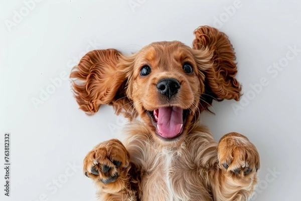 Fototapeta Cocker spaniel puppy is lying down and holding its paws up to the camera with its tongue hanging out of its mouth, isolated on white background