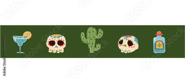 Fototapeta Mexican border of skull, tequila, cactus on green background. Vector illustration can used for greeting card, banners and flyers.