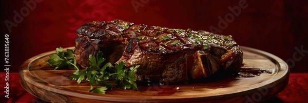 Fototapeta An advertising shoot, a juicy large royal steak lying appetizingly on a wooden stand with seasonings and salad, a banner