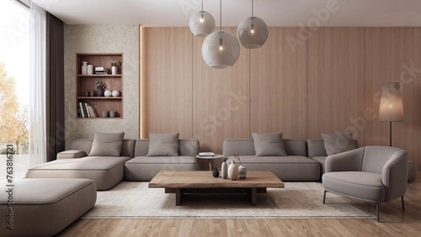Fototapeta Living room designed in Japandi style, a combination of Scandinavian and Japanese design. The light beige colors of the furniture blend in a subdued way with the light wood of the floor. 3D render 