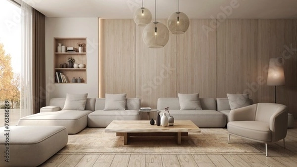 Fototapeta Living room designed in Japandi style, a combination of Scandinavian and Japanese design. The light beige colors of the furniture blend in a subdued way with the light wood of the floor. 3D render 
