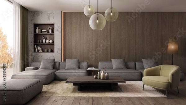 Fototapeta Living room designed in Japandi style, a combination of Scandinavian and Japanese design. The light beige colors of the furniture blend in a subdued way with the light wood of the floor. 3D render 