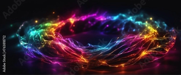 Fototapeta Rainbow light energy with electrical electricity plasma power fusion on plain black background from Generative AI