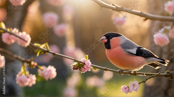 Fototapeta Cute bullfinch bird in the blooming orchard on the spring sunny day